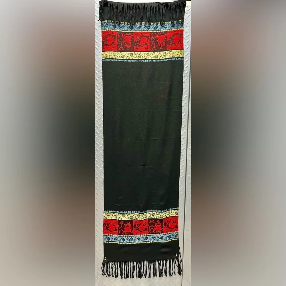 Vintage Black Scarf with Red and Yellow Woven Scandinavian Wrap 17” x 41”